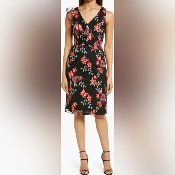 Sam Edelman | Dresses | Nwt Sam Edelman Floral Embroidered Mesh Ruffle  Column Sheath Dress Size 4